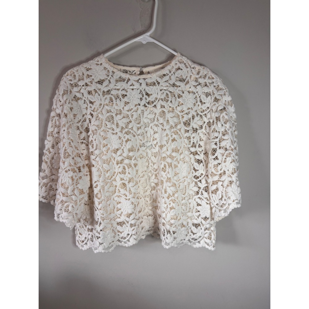 Future Collective Cream Floral Lace Short Sleeve Top XS Ivory Crew Neck Boho - Picture 2 of 6